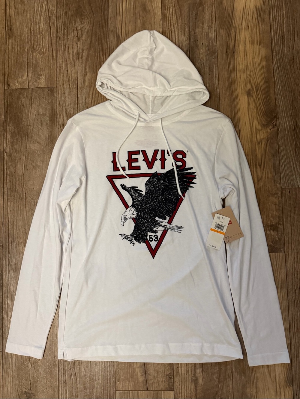 Levi's Men’s White Long-Sleeve Hooded Tee with Eagle Graphic. Size Small. NWT